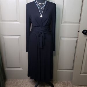 CAbi Black Dress Long Sleeve Surplice Neck Rayon Stretch With Tie Size Small